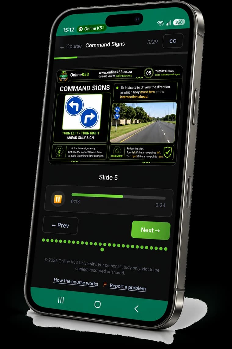A lesson on road signs in the Online K53 course, on a phone